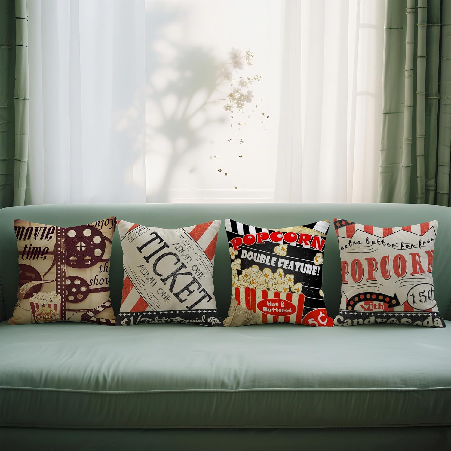4Pcs Retro Cinema Throw Pillow - Home Cinema Tickets ulasan dan harga