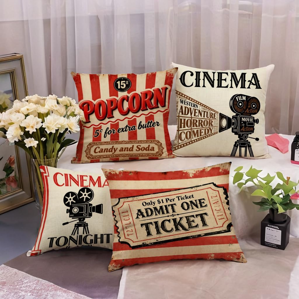 4PCS Vintage Cinema Pillow Cas - Home Cinema Tickets ulasan dan harga