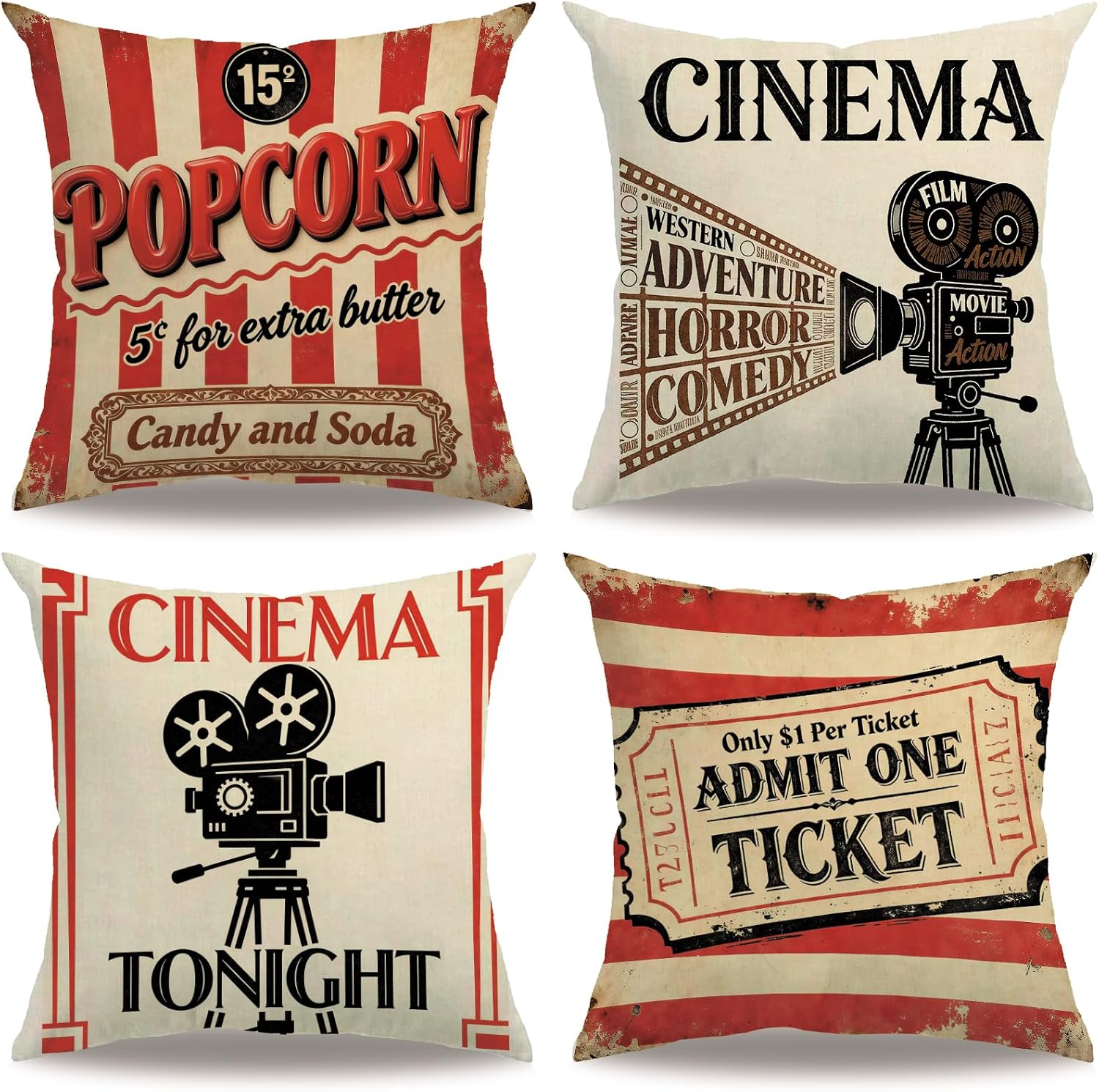 4PCS Vintage Cinema Pillow Cas - Home Cinema Tickets ulasan dan harga